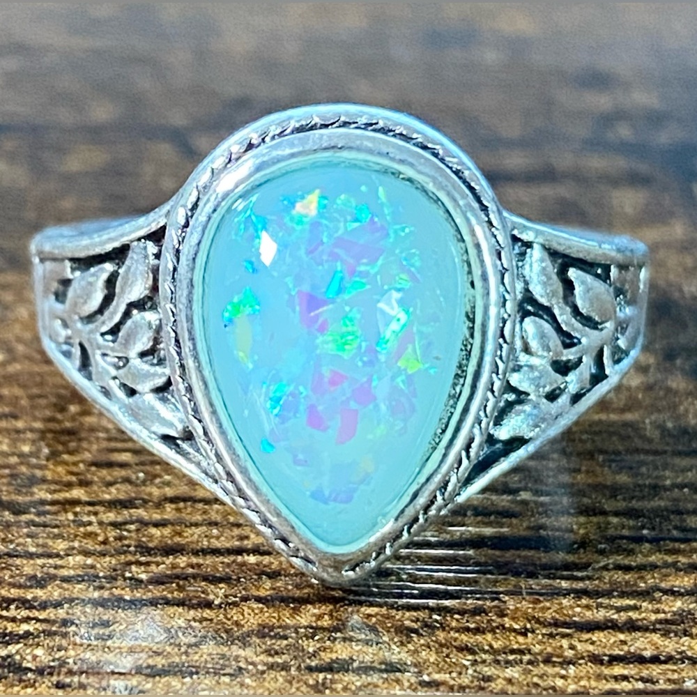 Tear Drop Shaped Blue Opal Stainless Steel Women’s Ring Size 7